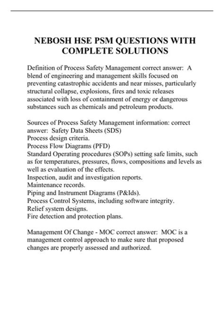 Nebosh Process Safety Management Exam Questions and Answers PDF