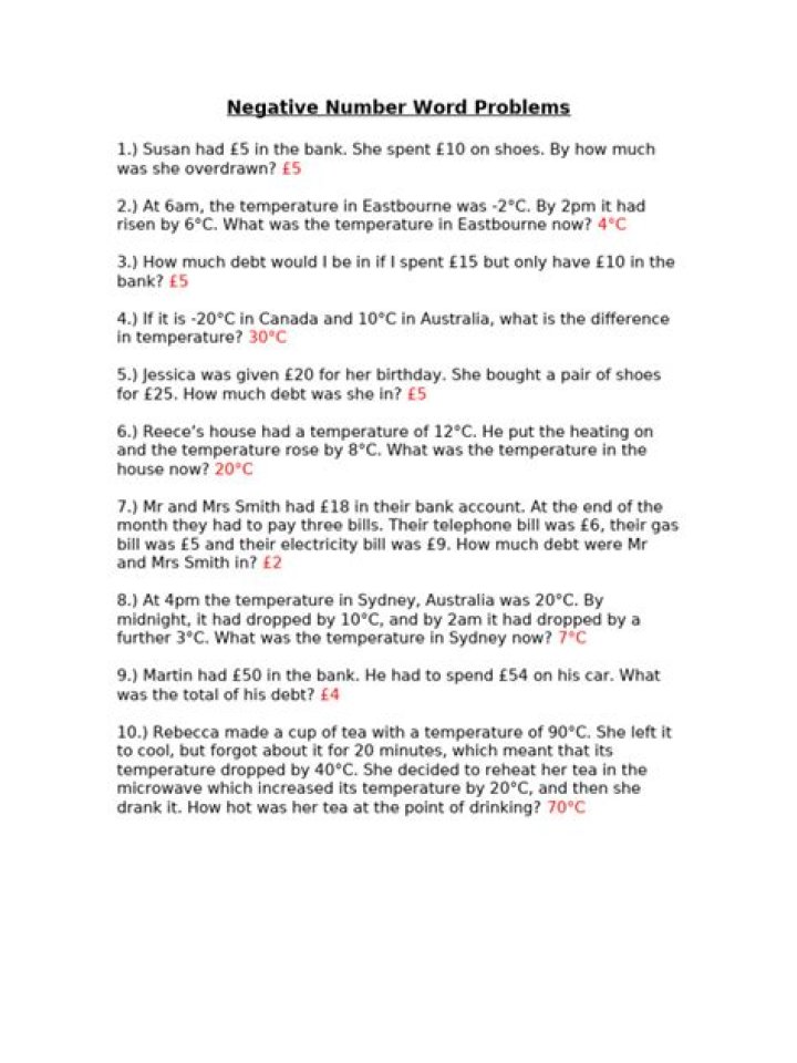 Negative Numbers Word Problems Worksheet PDF - Instant Download