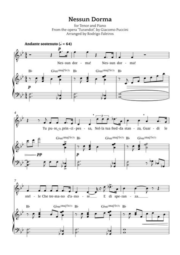 Nessun Derma Tenor Sheet Music PDF – Free Download