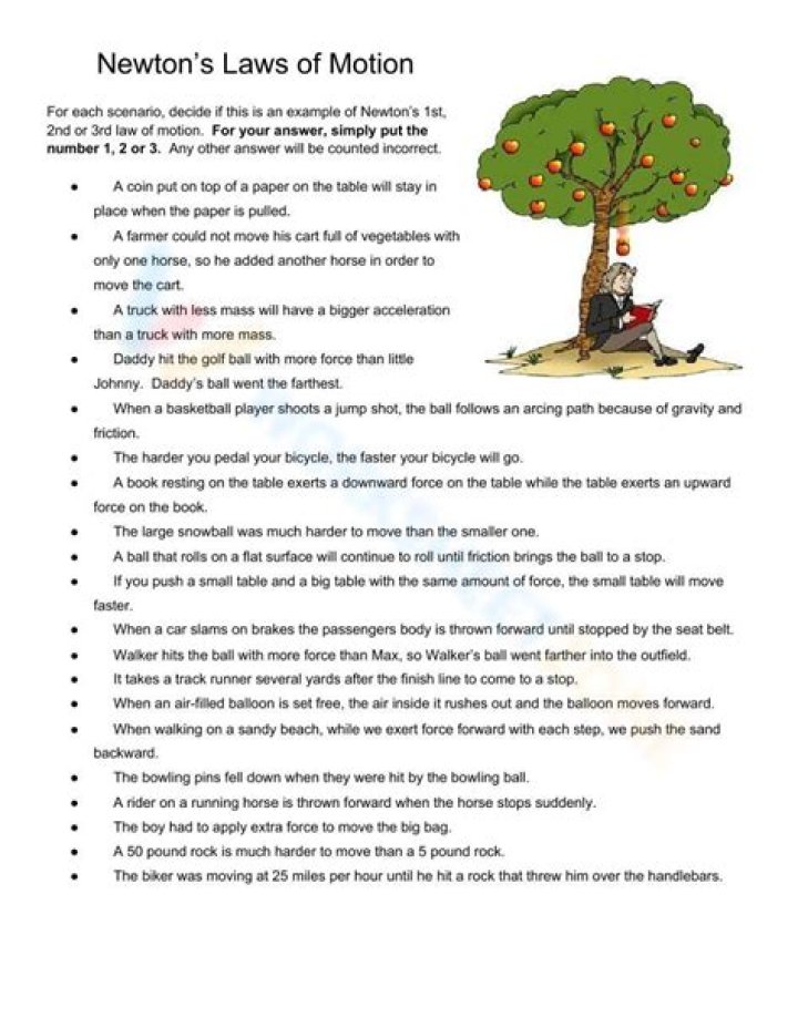 Free Newton's Laws of Motion Worksheet Middle School PDF Worksheets