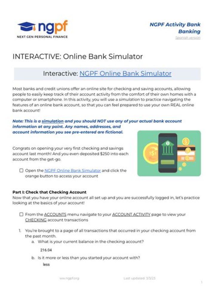 NGPF Activity Bank Checking Answer Key PDF – Download Now