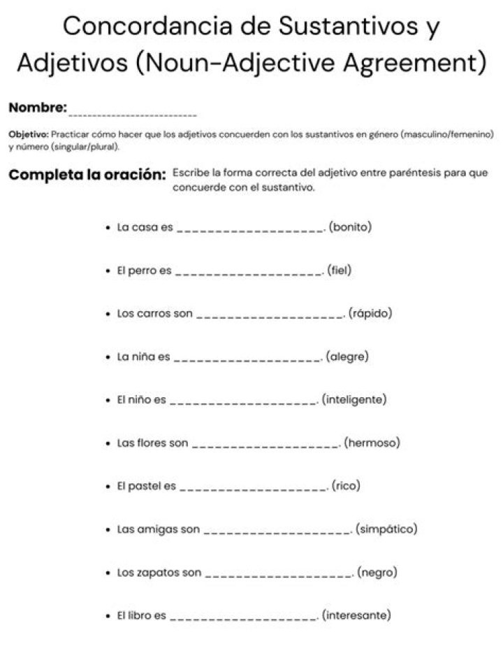 Spanish Noun Adjective Agreement Worksheet PDF – Practice Exercises