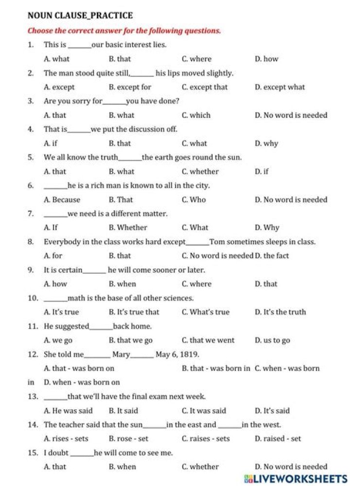 Free Noun Clauses Exercises PDF with Answers for Grammar Practice