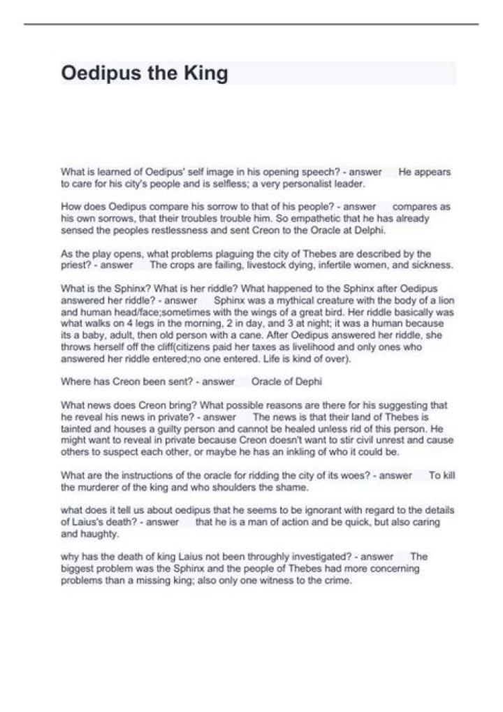 Oedipus the King: Essential Questions and Answers in PDF Format