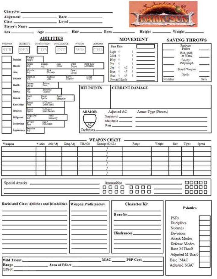 Official A&D 2nd Edition Character Sheet PDF – Instant Download
