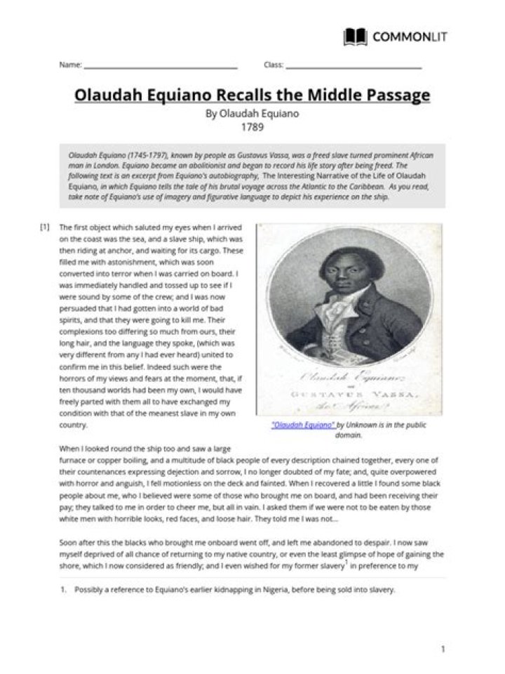 Olaudah Equiano Recalls the Middle Passage: Answer Key PDF