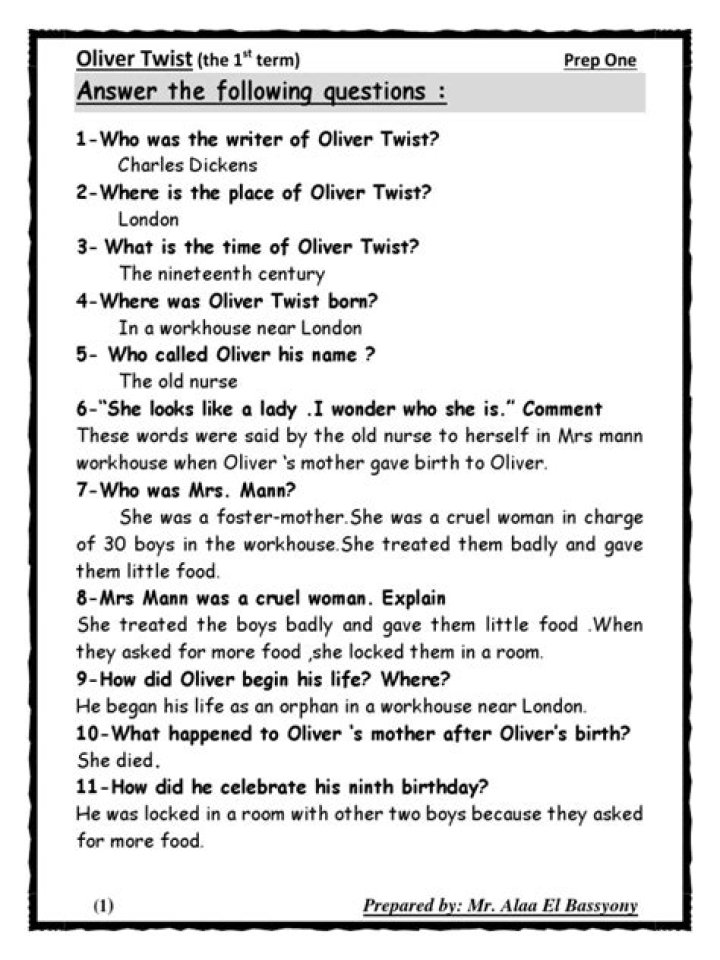 Oliver Twist Test Questions & Answers PDF for Exam Prep