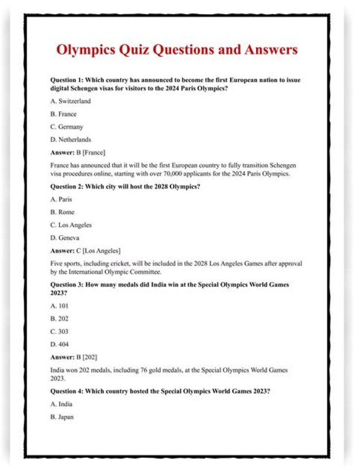 Olympics Quiz Questions and Answers PDF – Test Your Knowledge