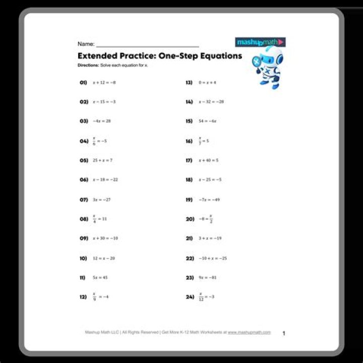 One-Step Equations Word Problems Worksheet PDF for Instant Download