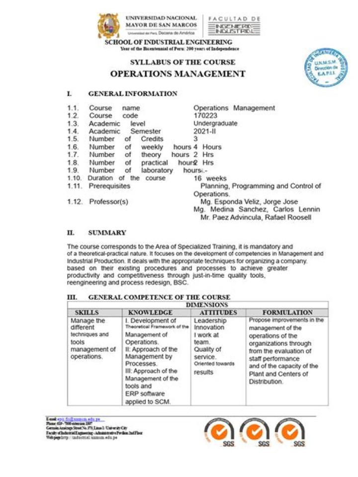 Comprehensive Operations Management Course Syllabus PDF