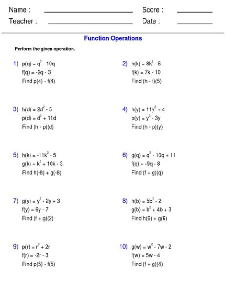 Step-by-Step Operations on Functions Examples with Answers PDF