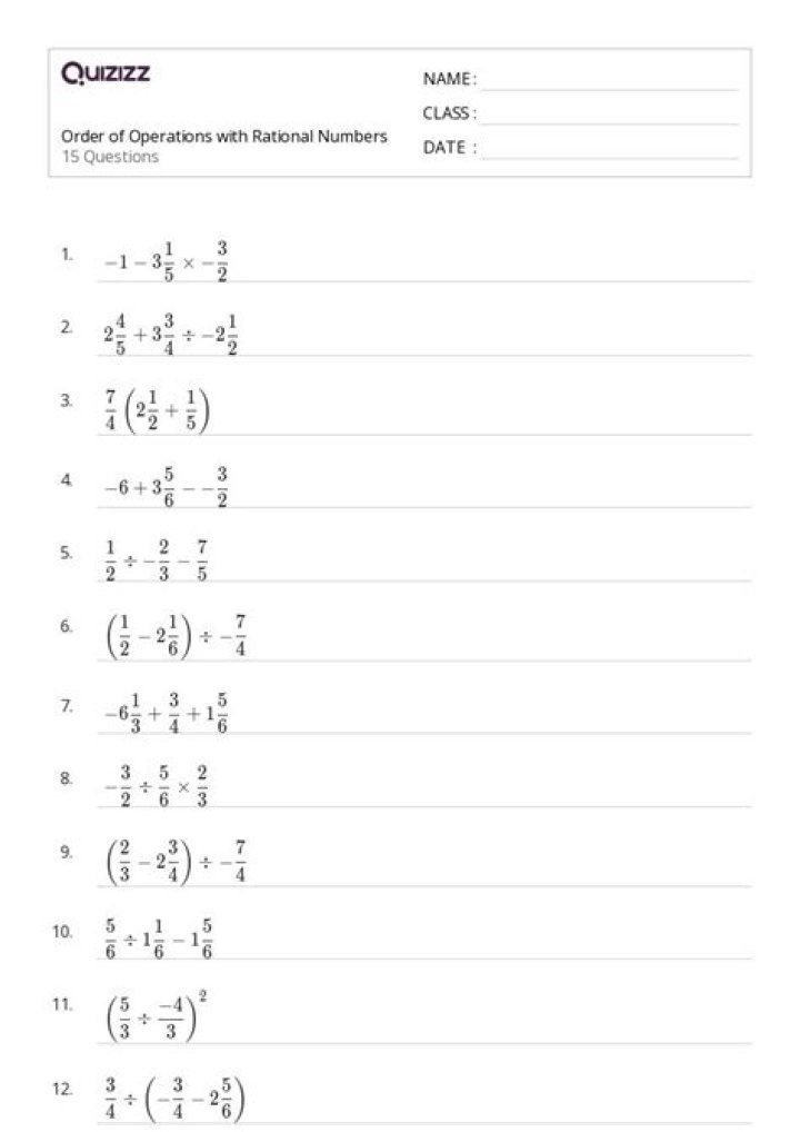 7th Grade Rational Numbers Operations Worksheet PDF – Free Practice & Answers