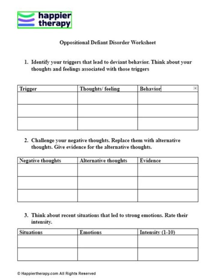 Download Free Oppositional Defiant Disorder Worksheets PDF for Treatment