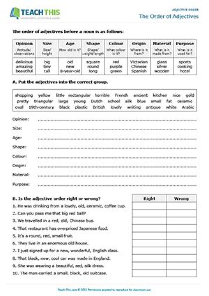 Order of Adjectives Exercises with Answers PDF for Instant Practice