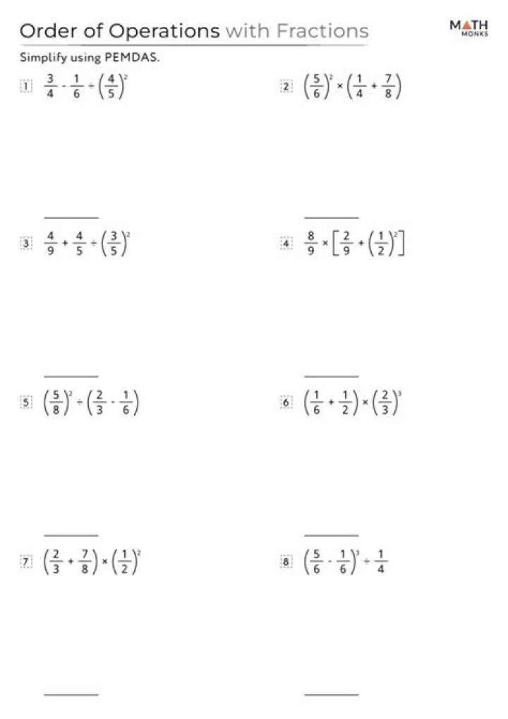 Printable Order of Operations Fractions Worksheet PDF