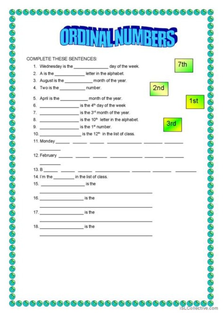 Ordinal Numbers Worksheet for ESL Adults – PDF Download