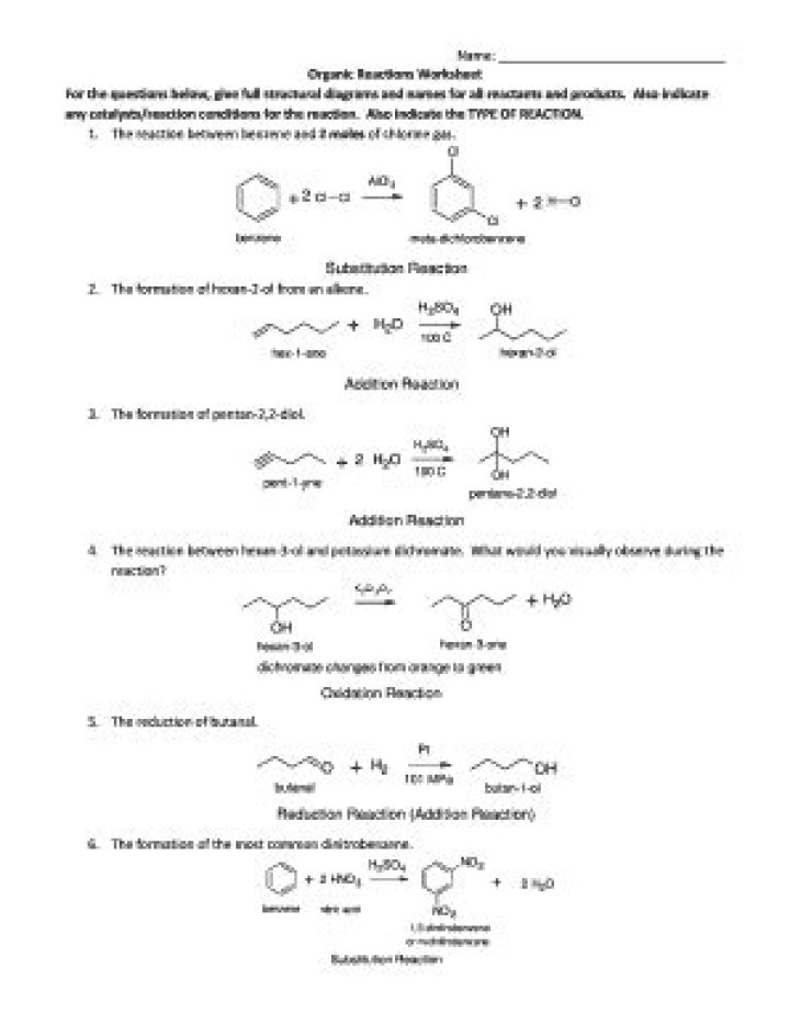 Organic Chemistry Reactions Worksheet with Answers PDF – Instant Study Guide