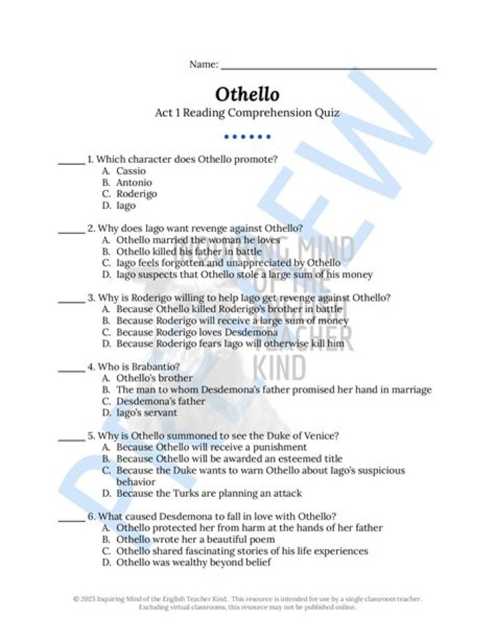 Othello Act 1 Questions PDF – Key Analysis & Study Guide