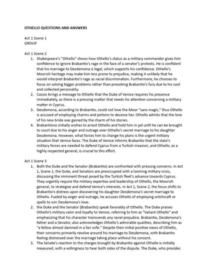Othello Short Questions and Answers PDF