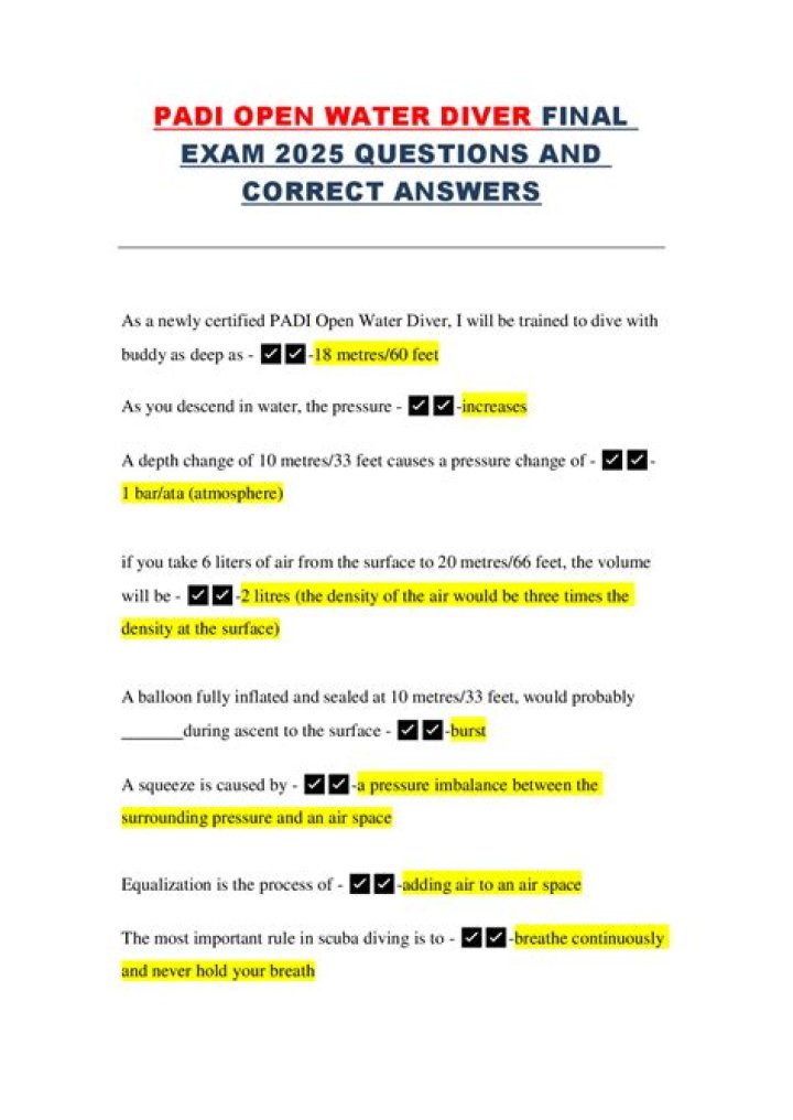 Padi Open Water Exam Questions 2020 PDF – Practice Test & Answers