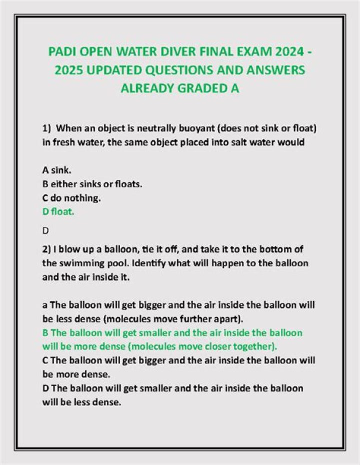 Padi Open Water Final Exam Questions PDF Free Download