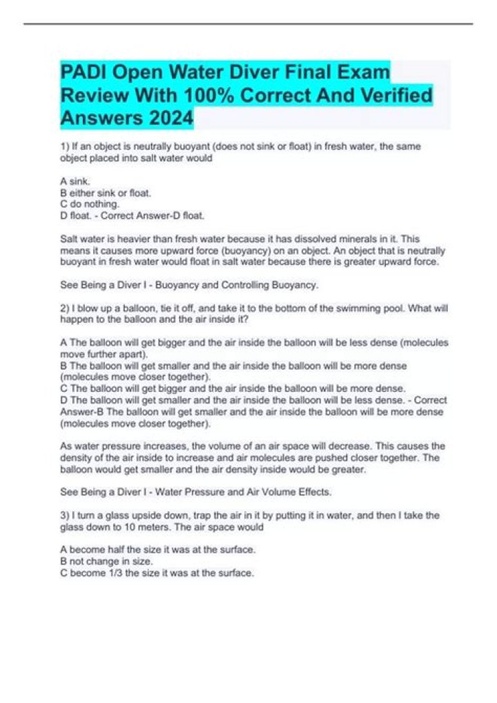 Padi Open Water Final Exam Questions PDF – Practice Test