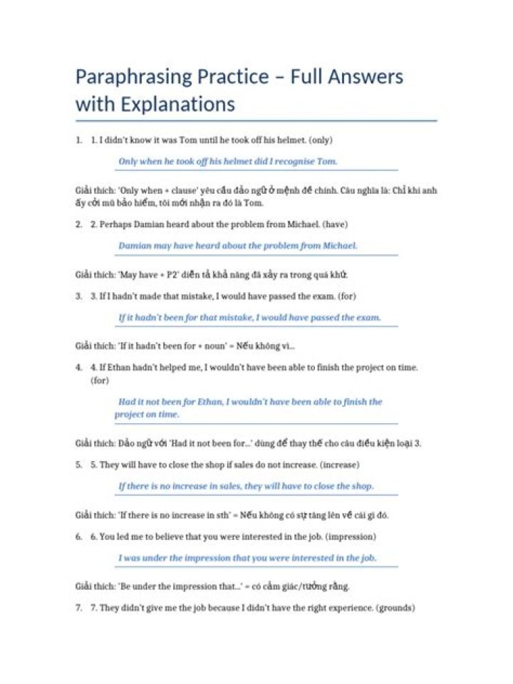 Free Paraphrasing Test with Answers PDF Download