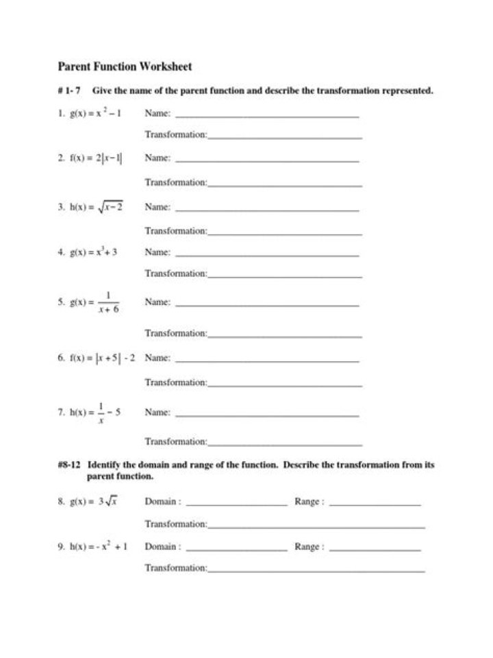Parent Functions & Transformations Worksheet PDF – Instant Practice & Answer Key