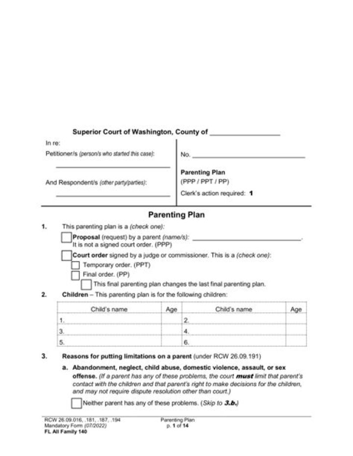 Free Parenting Plan Washington State PDF Template