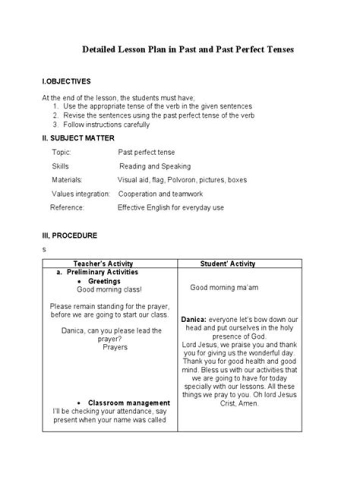 Past Perfect Tense Lesson Plan PDF for Teachers