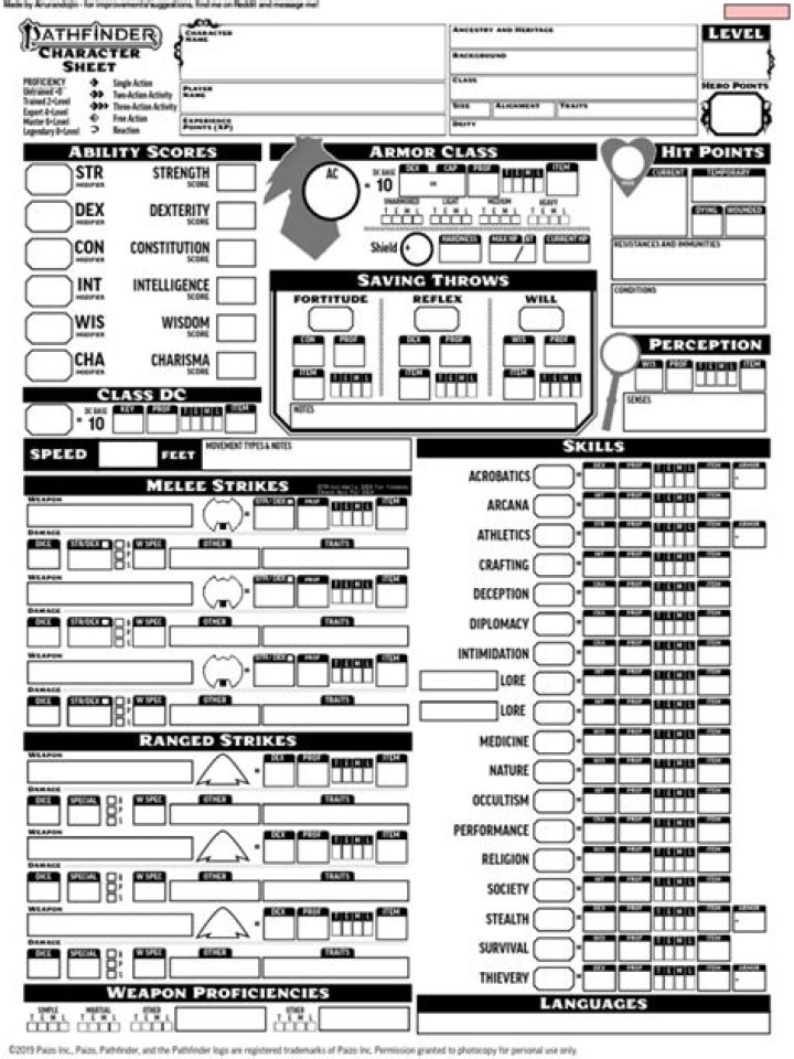 Download Free Pathfinder Character Sheet PDF Fillable