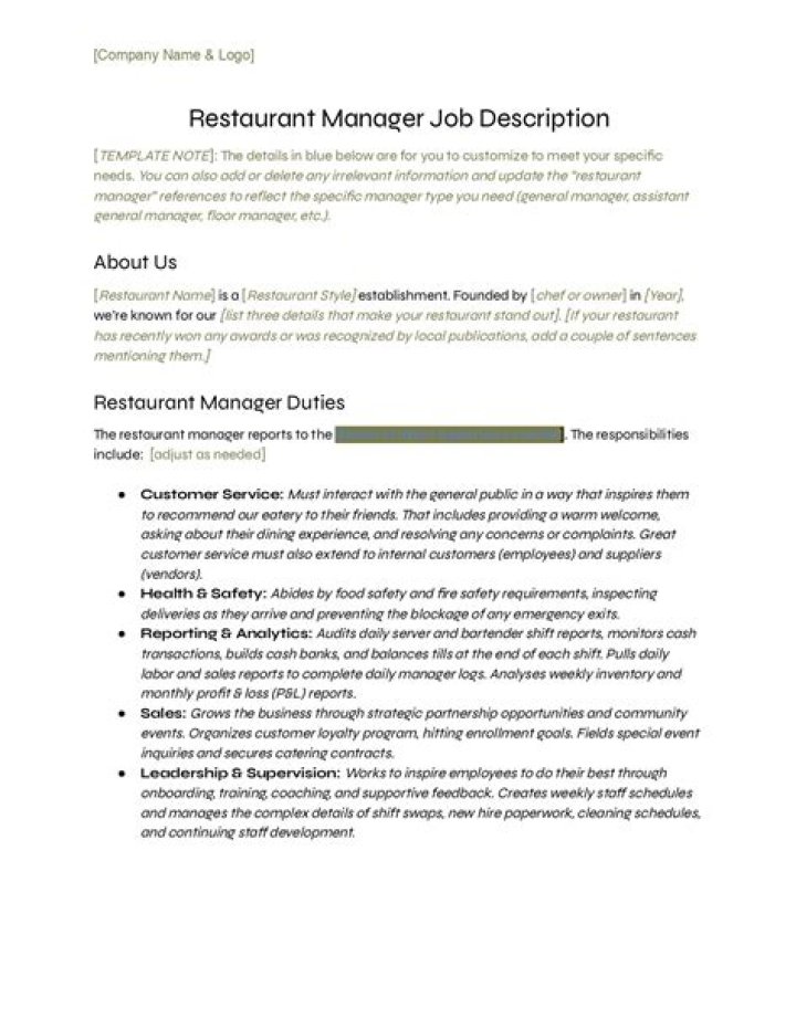 Download Free PDF Restaurant Manager Job Description