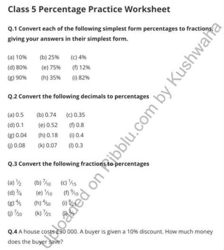Percentage Questions for Class 5 CBSE PDF – Download Free Practice Papers