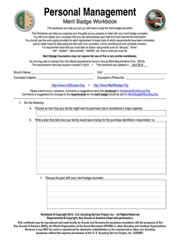 Download the Personal Management Merit Badge Worksheet PDF