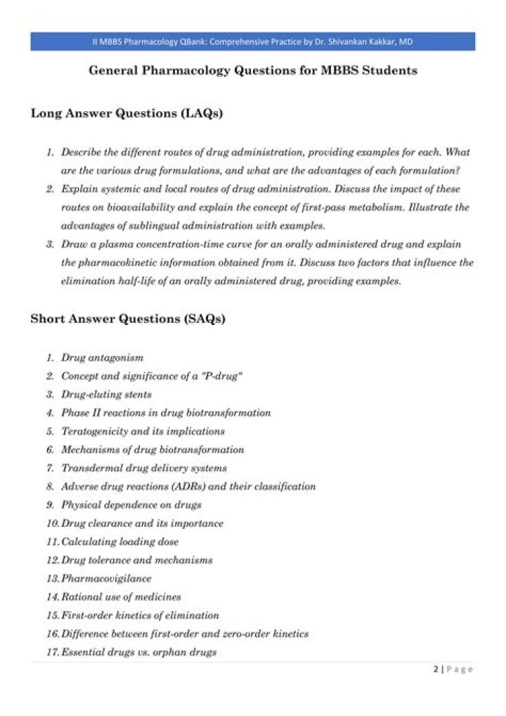 Essential Pharmacology Important Questions for MBBS PDF Study Guide