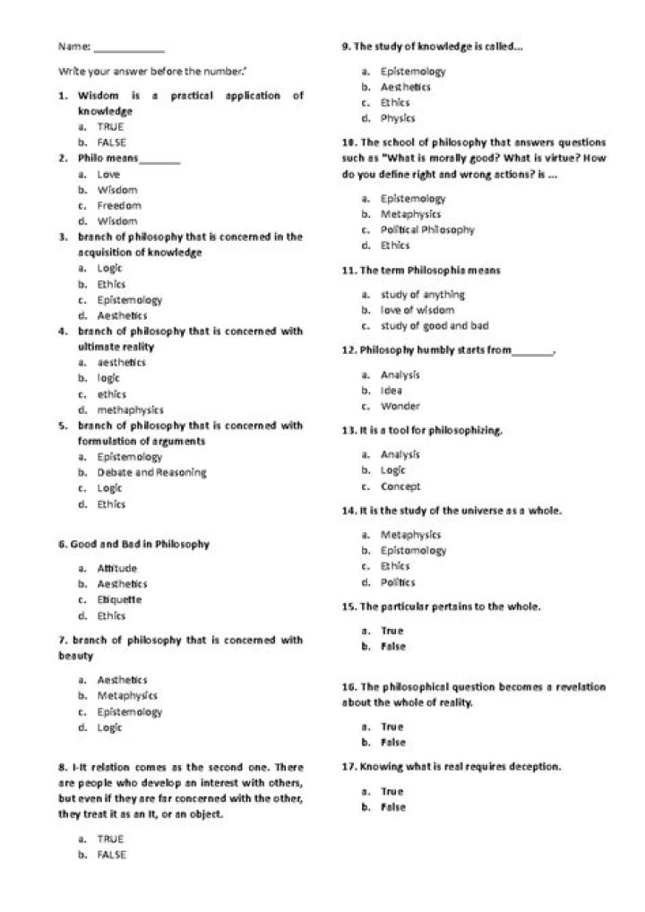 Free Philosophy Test Questions and Answers PDF Download