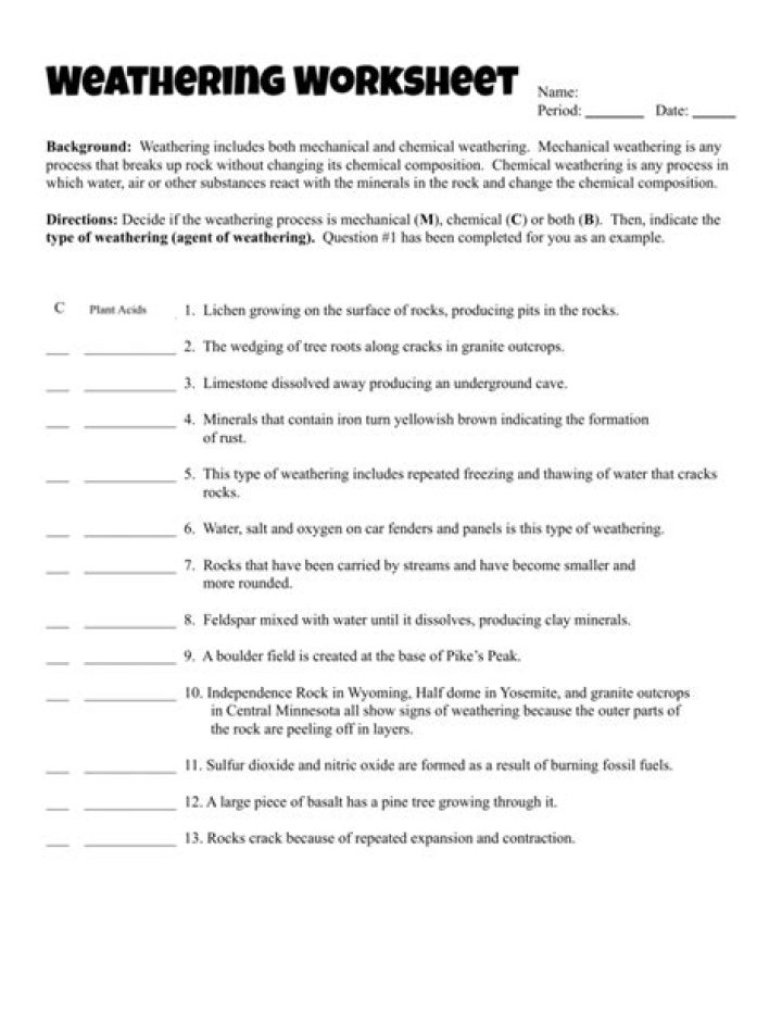 Physical and Chemical Weathering Worksheet PDF – Download Free Study Guide