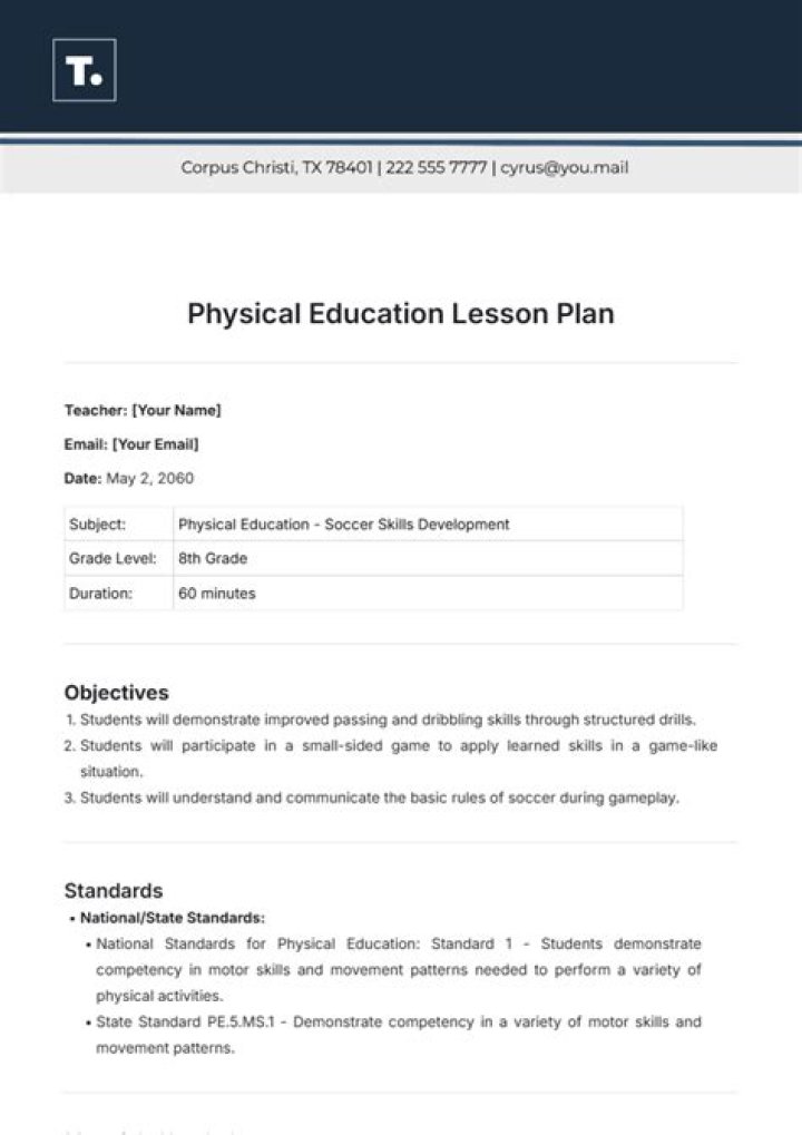 Physical Education Lesson Plan Format PDF for Teachers