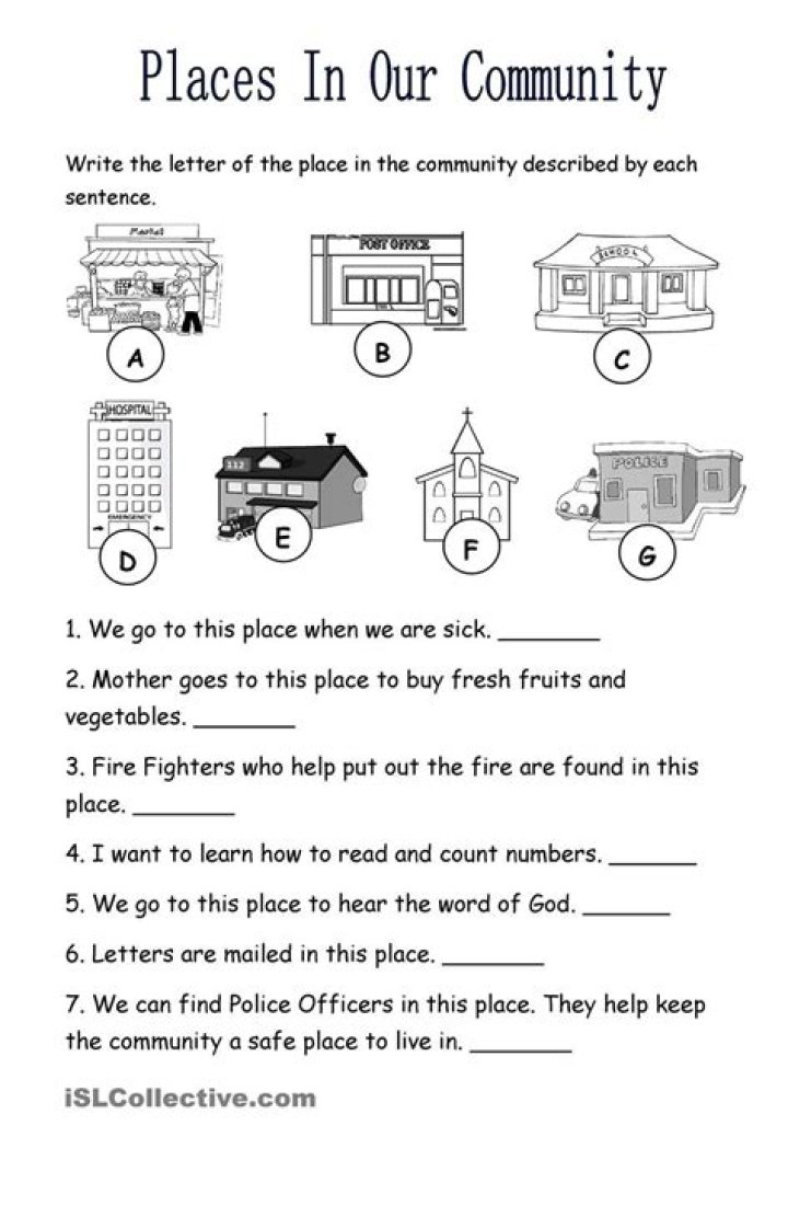 Free Kindergarten Places in the Community Worksheets (PDF)