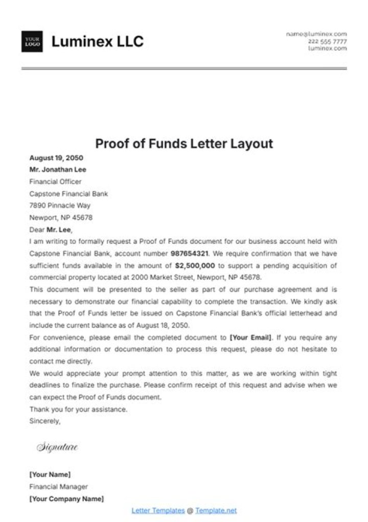Proof of Funds Letter for Plan d Investments LLC – PDF Template