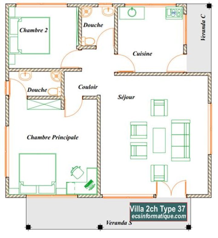 Plan Maison 3 Chambres : Salon, Cuisine & Douche – Téléchargez le PDF