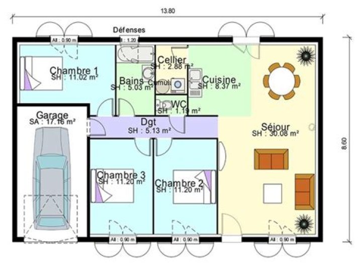 Plan Maison 3 Chambres avec Salon et Cuisine – PDF Gratuit à Télécharger