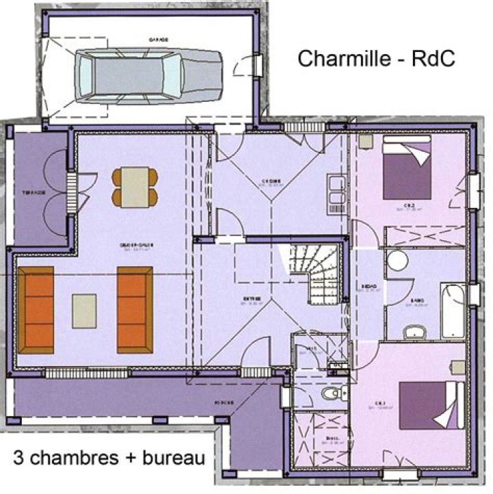 Plan de Maison 3 Chambres : Salon & Cuisine – PDF Téléchargeable