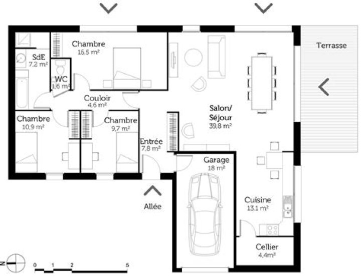 Plan Maison 4 Chambres : Salon Cuisine 2 Douches - Téléchargez le PDF