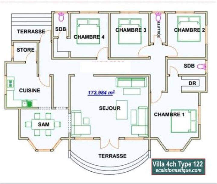 Plan Maison 4 Chambres Salon + Cuisine PDF – Télécharger le Plan Gratuit