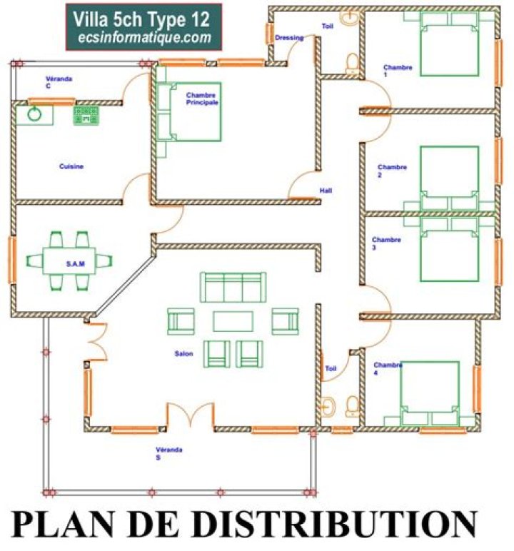 Plan Maison 5 Chambres, Salon + Cuisine PDF – Téléchargez le Plan Gratuit