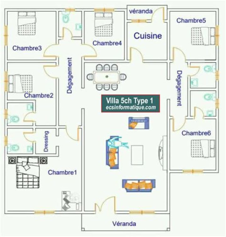 Plan Maison 6 Chambres avec Salon, Cuisine & Séjour PDF – Idéal pour une Maison Familiale Fonctionnelle