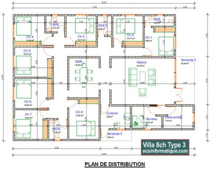 Plan Maison 8 Chambres avec Salon et Cuisine PDF Téléchargeable