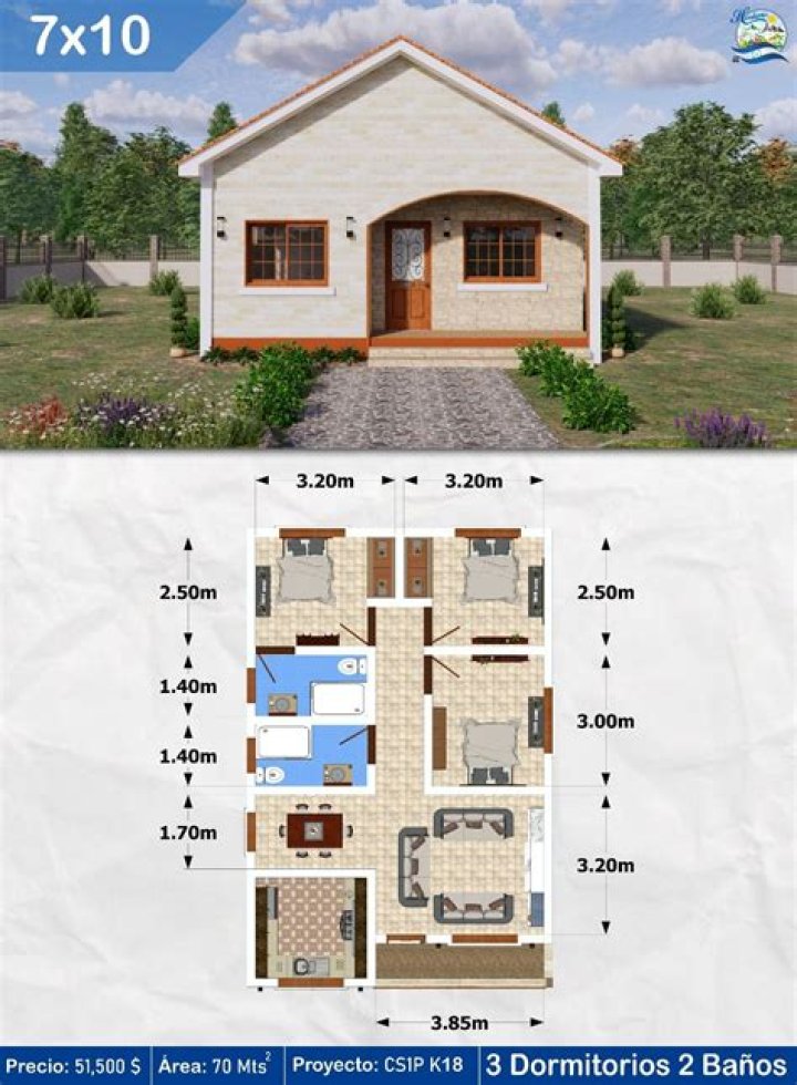 Planos de casas 7x10 metros con medidas exactas en PDF descargables