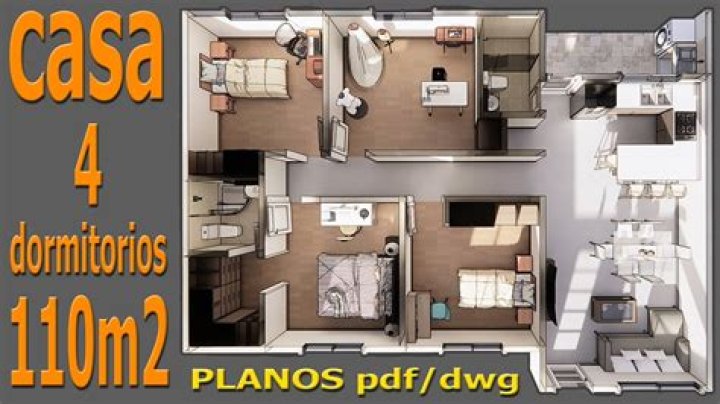 Planos Gráficos de Casa de Una Planta con 4 Dormitorios en PDF
